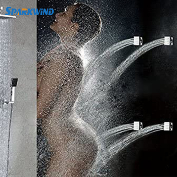 Réz szögletes zuhanyfej oldalsó és felső vízsugárral, masszázs és eső üzemmóddal (Anyag: Réz; Funkciók: Sugárzás, Masszázs, Hab, Eső; Szerelés: Menetes csatlakozás; Bevonat: Elektroplatázás)