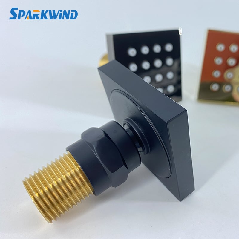 Réz szögletes zuhanyfej oldalsó és felső vízsugárral, masszázs és eső üzemmóddal (Anyag: Réz; Funkciók: Sugárzás, Masszázs, Hab, Eső; Szerelés: Menetes csatlakozás; Bevonat: Elektroplatázás)