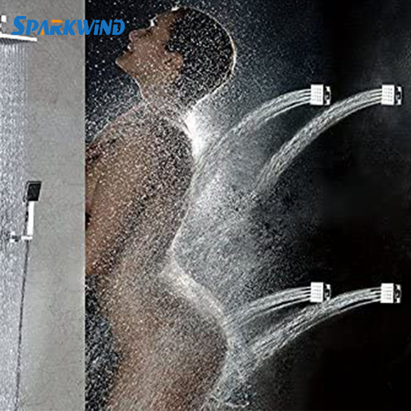 Réz szögletes zuhanyfej oldalsó és felső vízsugárral, masszázs és eső üzemmóddal (Anyag: Réz; Funkciók: Sugárzás, Masszázs, Hab, Eső; Szerelés: Menetes csatlakozás; Bevonat: Elektroplatázás)