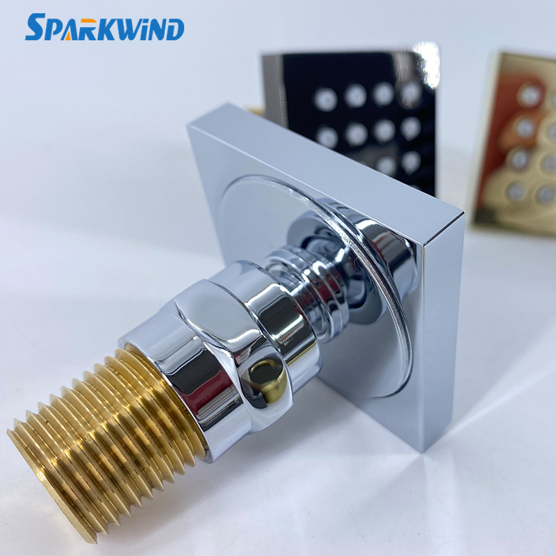 Réz szögletes zuhanyfej oldalsó és felső vízsugárral, masszázs és eső üzemmóddal (Anyag: Réz; Funkciók: Sugárzás, Masszázs, Hab, Eső; Szerelés: Menetes csatlakozás; Bevonat: Elektroplatázás)