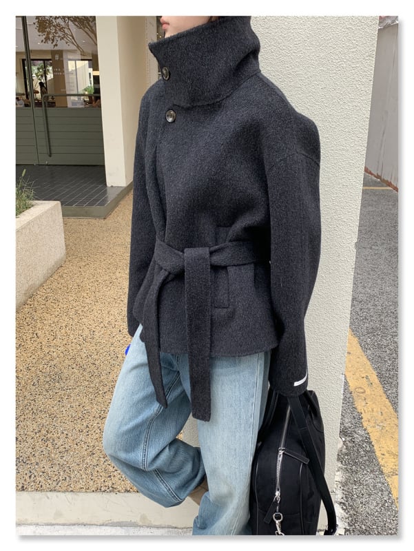 Ženski vuneni kaput - Korejski stil, stojeći ovratnik, dugi rukavi, srednja duljina