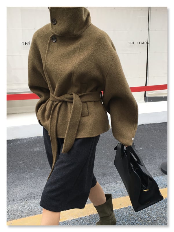 Ženski vuneni kaput - Korejski stil, stojeći ovratnik, dugi rukavi, srednja duljina