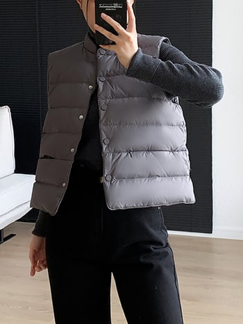 SEVEN TEARS Γυναικείο γιλέκο με πούπουλα, 86-90% λευκό χήνας πούπουλο, παχύ πολυεστέρας, σταθερή γιακά, κρυφό κούμπωμα με κουμπιά, μήκος 50-65 εκ, Χειμώνας 2025, κομψό αστικό στυλ