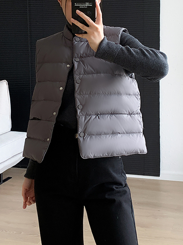 SEVEN TEARS Γυναικείο γιλέκο με πούπουλα, 86-90% λευκό χήνας πούπουλο, παχύ πολυεστέρας, σταθερή γιακά, κρυφό κούμπωμα με κουμπιά, μήκος 50-65 εκ, Χειμώνας 2025, κομψό αστικό στυλ