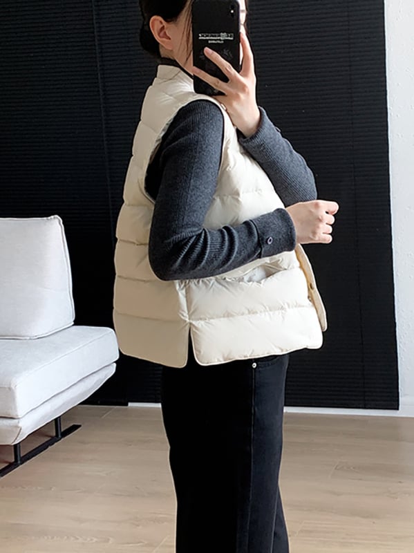 SEVEN TEARS Γυναικείο γιλέκο με πούπουλα, 86-90% λευκό χήνας πούπουλο, παχύ πολυεστέρας, σταθερή γιακά, κρυφό κούμπωμα με κουμπιά, μήκος 50-65 εκ, Χειμώνας 2025, κομψό αστικό στυλ