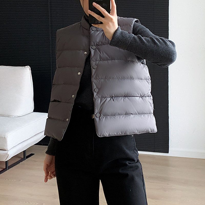 SEVEN TEARS Γυναικείο γιλέκο με πούπουλα, 86-90% λευκό χήνας πούπουλο, παχύ πολυεστέρας, σταθερή γιακά, κρυφό κούμπωμα με κουμπιά, μήκος 50-65 εκ, Χειμώνας 2025, κομψό αστικό στυλ