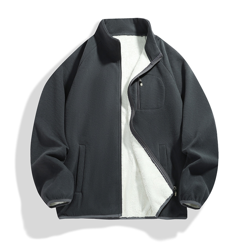 Φλις μπουφάν, στυλ καριγκάν, μονόχρωμο βασικό μοντέλο; ύφασμα: ανάμειξη συνθετικών ινών; επένδυση: πολυεστέρας; εποχές: φθινόπωρο και χειμώνας; unisex