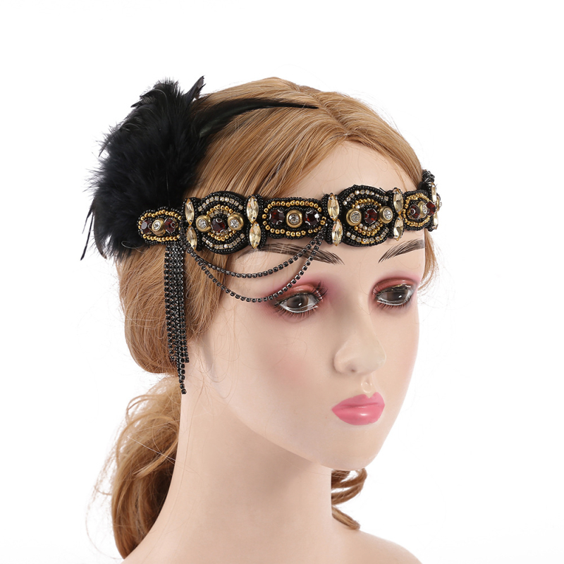 Bandă pentru cap exotică cu pene pentru femei — lucrată manual din material textil