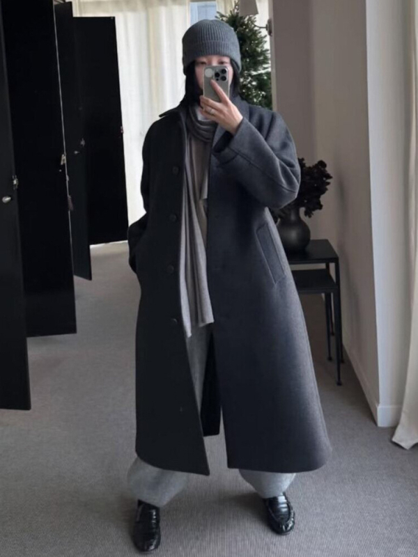 Női gyapjúkeverék kabát reverrel - hosszú testhossz, laza szabás, hosszú ujjú