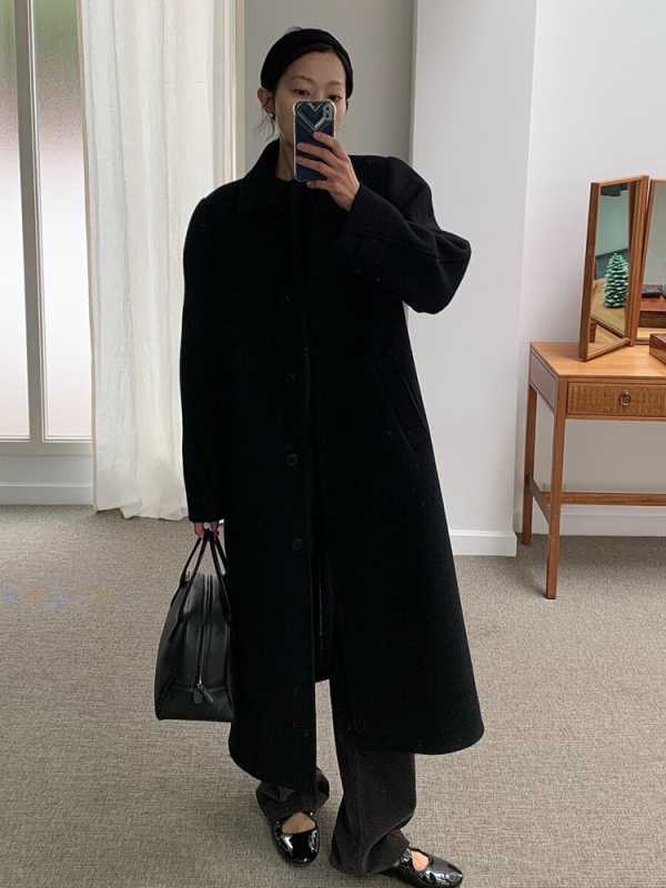 Női gyapjúkeverék kabát reverrel - hosszú testhossz, laza szabás, hosszú ujjú