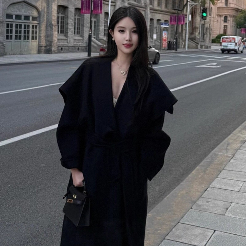 Ženski vuneni kaput od ovčje vune, udoban kroj, dugački model, rever, Zima 2025