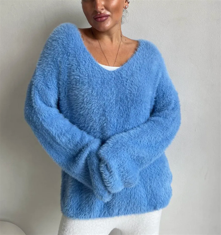 Ženski pulover s V-izrezom, akril-spandeks pletenina, dugi rukavi, obična duljina, jednobojni