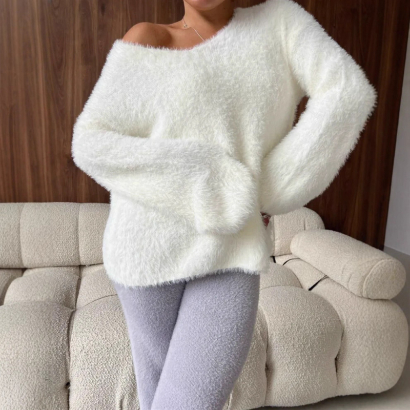 Ženski pulover s V-izrezom, akril-spandeks pletenina, dugi rukavi, obična duljina, jednobojni