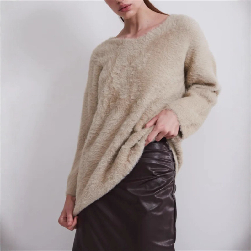 Ženski pulover s V-izrezom, akril-spandeks pletenina, dugi rukavi, obična duljina, jednobojni