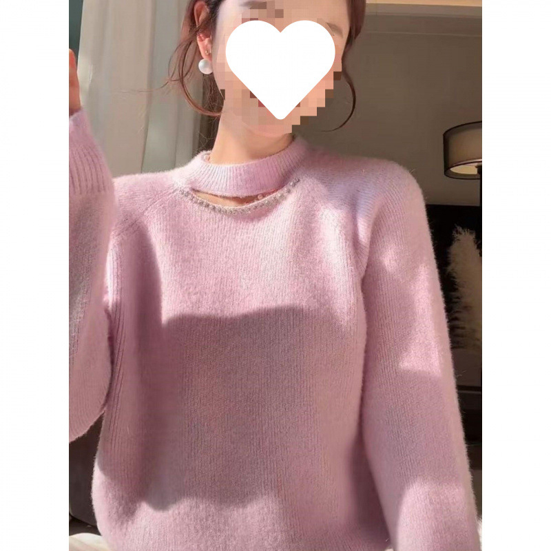 Ženski pleteni pulover od jagnjeće vune s Ice Silk, dugi rukav, polo ovratnik, obična duljina