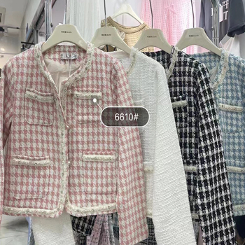 Ženski kratki tweed kaput od vune i kašmira, uski kroj, rever, jednoslojno kopčanje