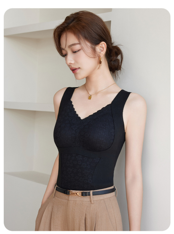 Női termikus mellény mellkas párnázással, bársony csipkével, dupla réteg, V-nyakú, testformáló – alapréteg