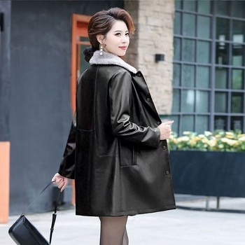 Jachetă de piele PU pentru femei, căptușită cu blană artificială, lungime medie, guler din blană, mâneci lungi