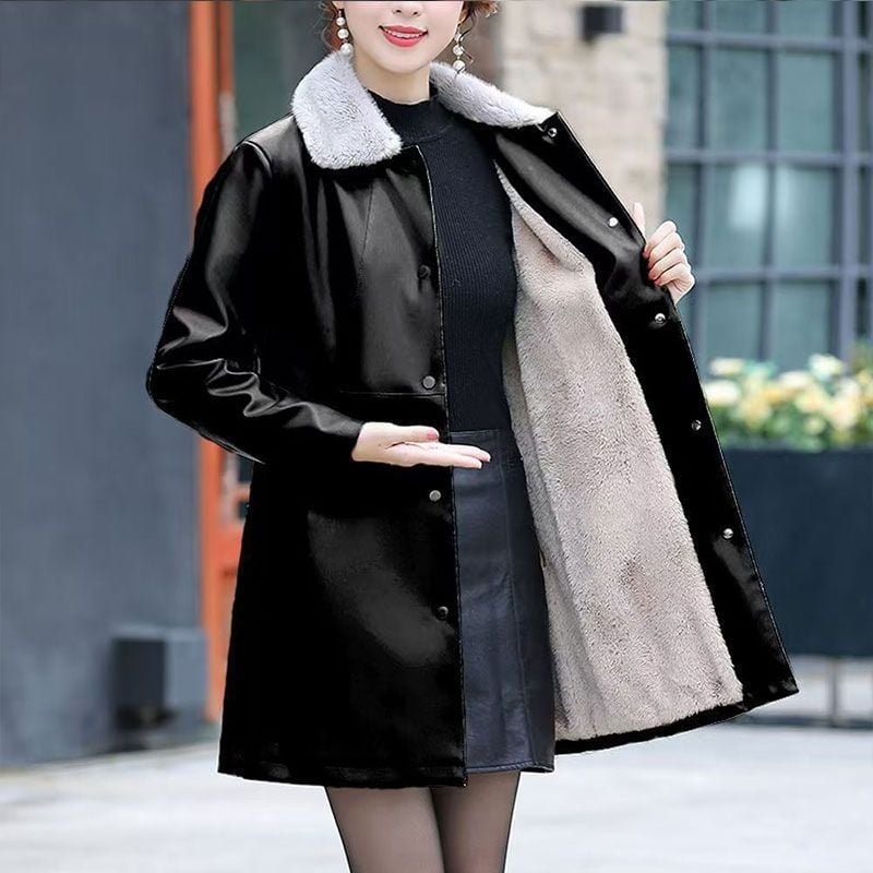 Jachetă de piele PU pentru femei, căptușită cu blană artificială, lungime medie, guler din blană, mâneci lungi