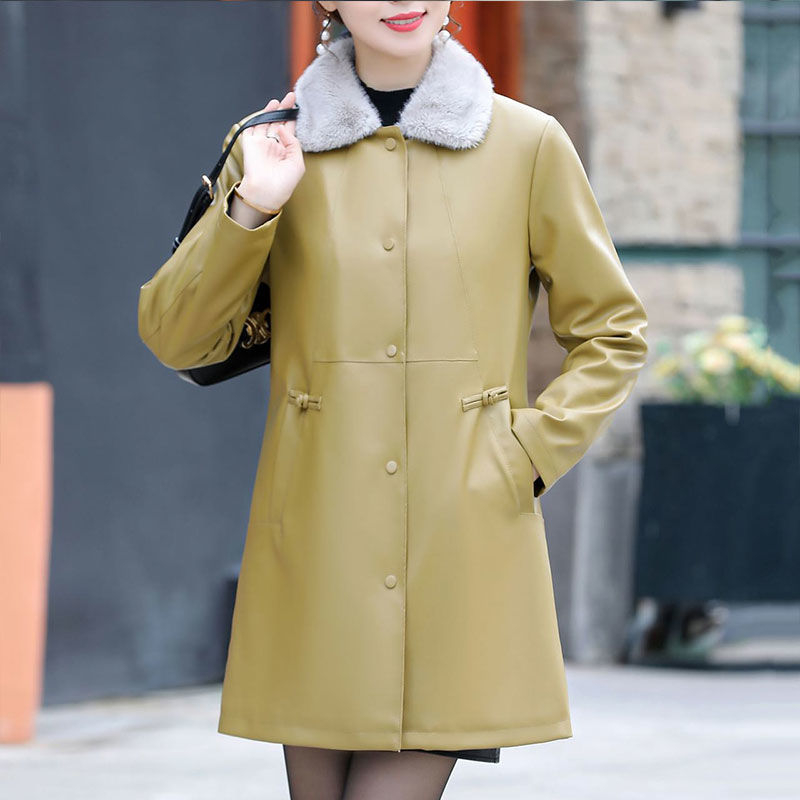 Jachetă de piele PU pentru femei, căptușită cu blană artificială, lungime medie, guler din blană, mâneci lungi