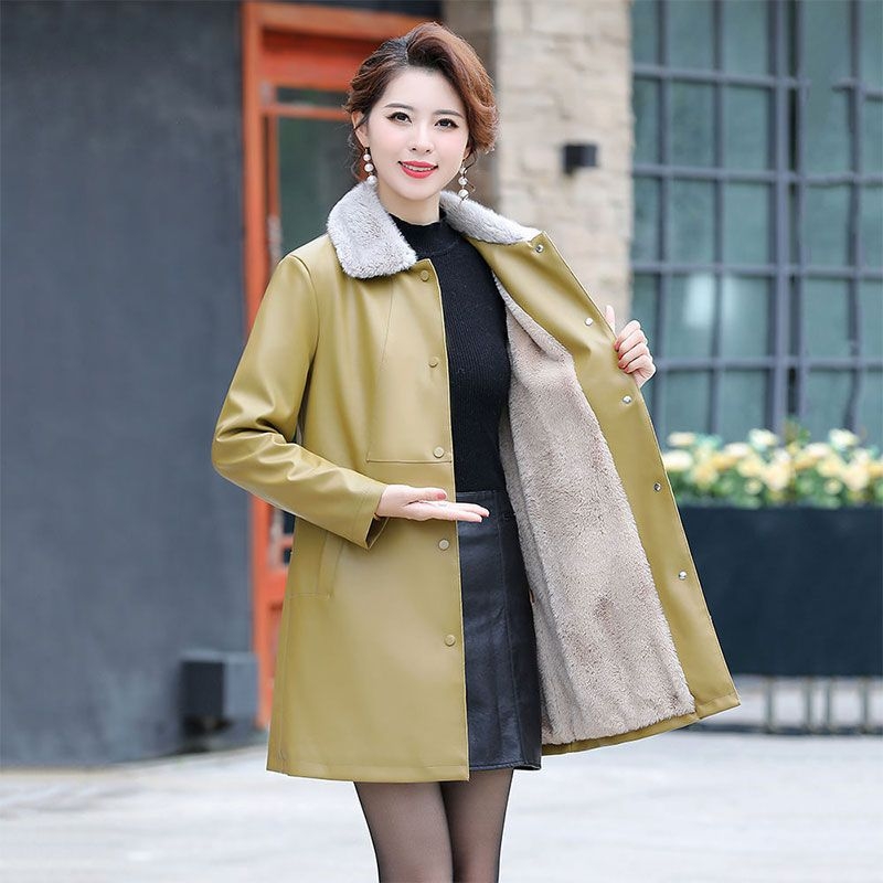 Jachetă de piele PU pentru femei, căptușită cu blană artificială, lungime medie, guler din blană, mâneci lungi