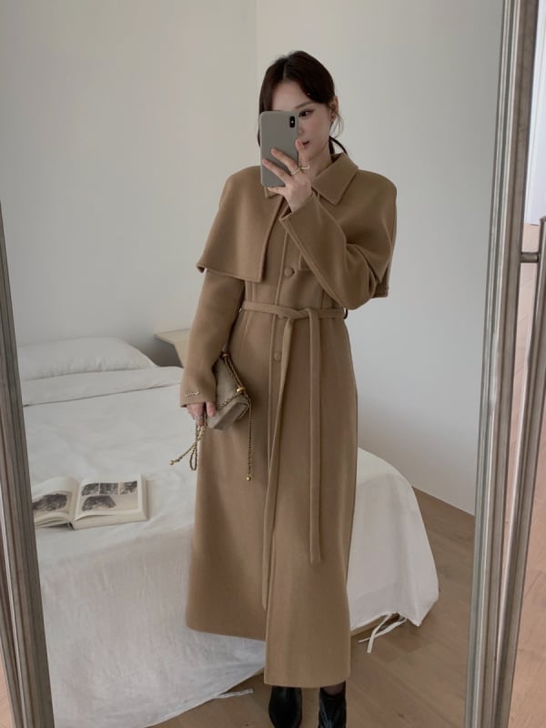 SN Kétoldalas kézzel varrt báránygyapjú kabát, hosszú, karcsú szabás, 95% gyapjú + <30% poliészter, téli szezon 2025, CF-519