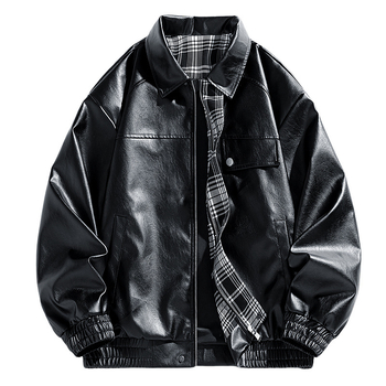 Férfi PU bőrdzseki motoros stílusban, sportos szabás, laza illeszkedés, gallér: rever, dupla gombolás, közepes hossz 65–80 cm, 2025 tavasz