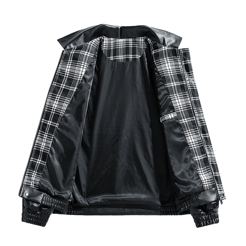 Férfi PU bőrdzseki motoros stílusban, sportos szabás, laza illeszkedés, gallér: rever, dupla gombolás, közepes hossz 65–80 cm, 2025 tavasz