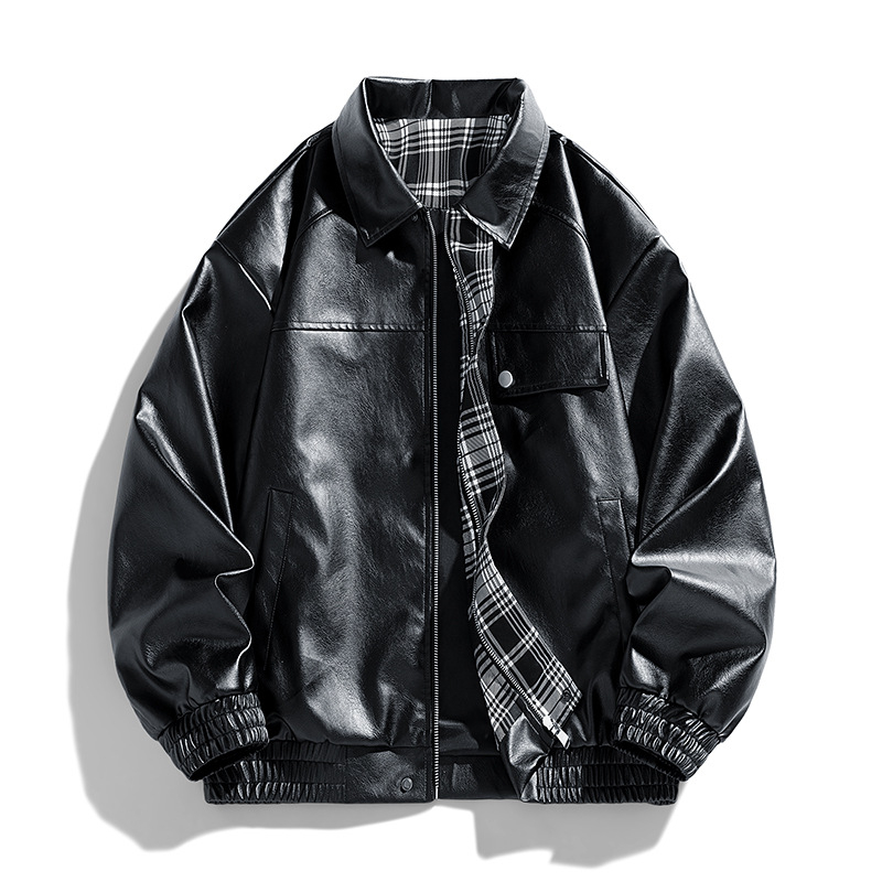Férfi PU bőrdzseki motoros stílusban, sportos szabás, laza illeszkedés, gallér: rever, dupla gombolás, közepes hossz 65–80 cm, 2025 tavasz