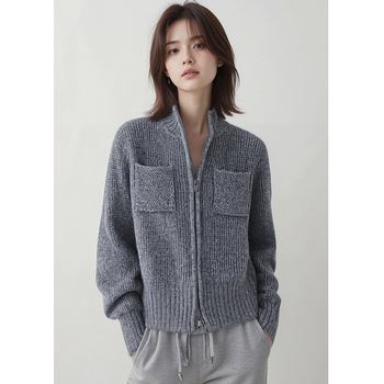 Ζακέτα από κασμίρ πλεκτή με ψηλό γιακά, φερμουάρ, μακριά μανίκια (Χειμώνας 2025)