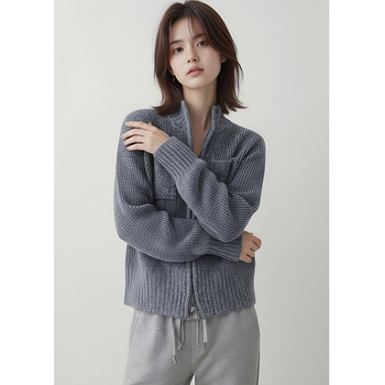 Ζακέτα από κασμίρ πλεκτή με ψηλό γιακά, φερμουάρ, μακριά μανίκια (Χειμώνας 2025)