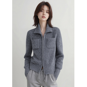 Ζακέτα από κασμίρ πλεκτή με ψηλό γιακά, φερμουάρ, μακριά μανίκια (Χειμώνας 2025)