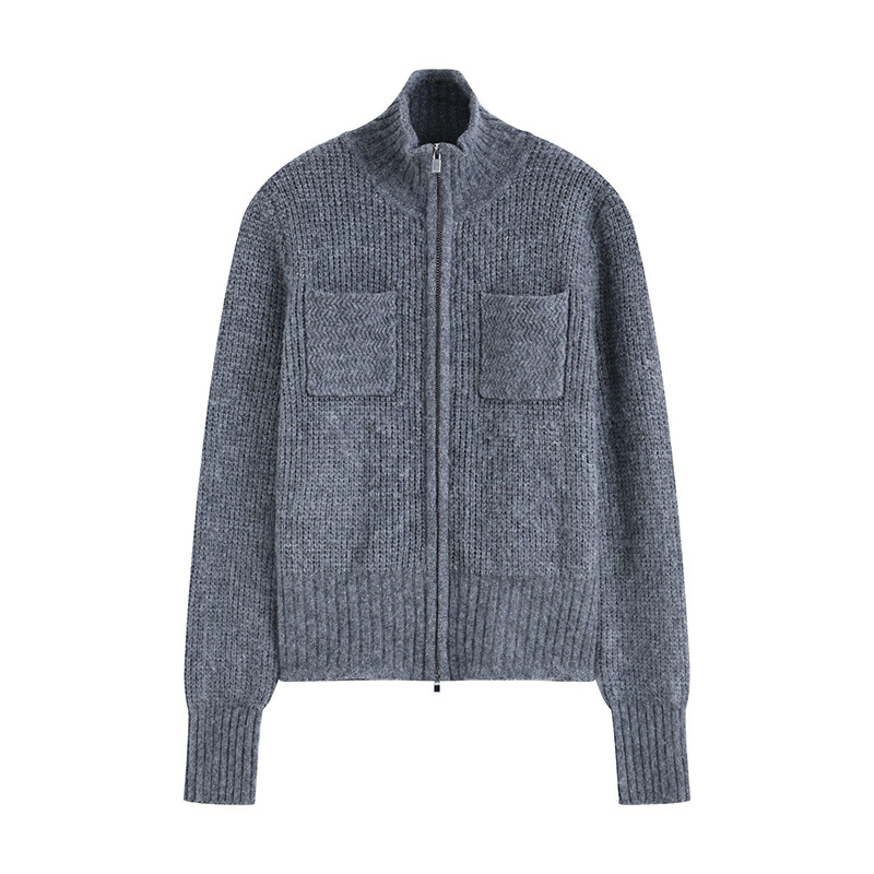 Ζακέτα από κασμίρ πλεκτή με ψηλό γιακά, φερμουάρ, μακριά μανίκια (Χειμώνας 2025)