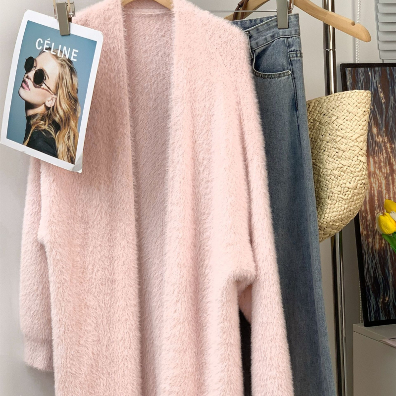 Női kardigán-pulóver mesterséges Mink anyagból, fő anyag nylon, vastag, V-nyakú