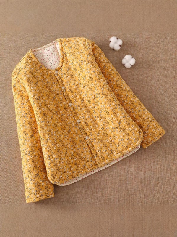 Γυναικείο βαμβακερό καπιτονέ μπουφάν με επένδυση, φλοράλ εθνοτικό μοτίβο, μακριά μανίκια, γιακά τύπου U