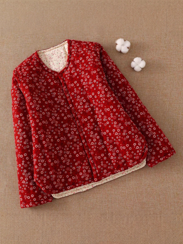 Γυναικείο βαμβακερό καπιτονέ μπουφάν με επένδυση, φλοράλ εθνοτικό μοτίβο, μακριά μανίκια, γιακά τύπου U