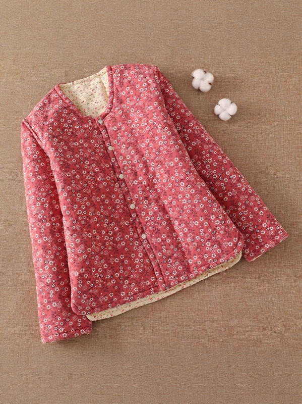 Γυναικείο βαμβακερό καπιτονέ μπουφάν με επένδυση, φλοράλ εθνοτικό μοτίβο, μακριά μανίκια, γιακά τύπου U