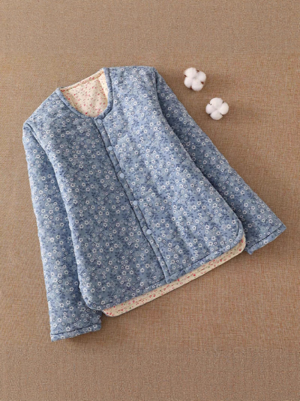 Γυναικείο βαμβακερό καπιτονέ μπουφάν με επένδυση, φλοράλ εθνοτικό μοτίβο, μακριά μανίκια, γιακά τύπου U