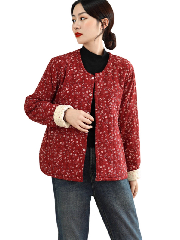 Γυναικείο βαμβακερό καπιτονέ μπουφάν με επένδυση, φλοράλ εθνοτικό μοτίβο, μακριά μανίκια, γιακά τύπου U