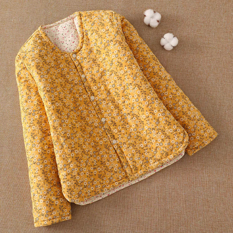 Γυναικείο βαμβακερό καπιτονέ μπουφάν με επένδυση, φλοράλ εθνοτικό μοτίβο, μακριά μανίκια, γιακά τύπου U