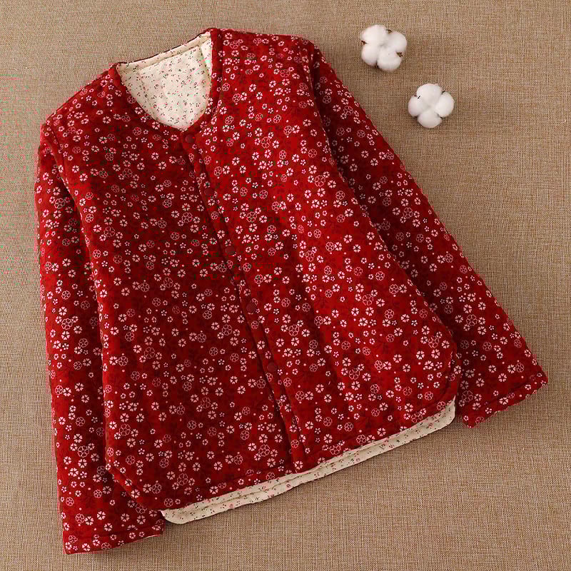 Γυναικείο βαμβακερό καπιτονέ μπουφάν με επένδυση, φλοράλ εθνοτικό μοτίβο, μακριά μανίκια, γιακά τύπου U