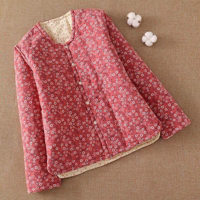 Γυναικείο βαμβακερό καπιτονέ μπουφάν με επένδυση, φλοράλ εθνοτικό μοτίβο, μακριά μανίκια, γιακά τύπου U