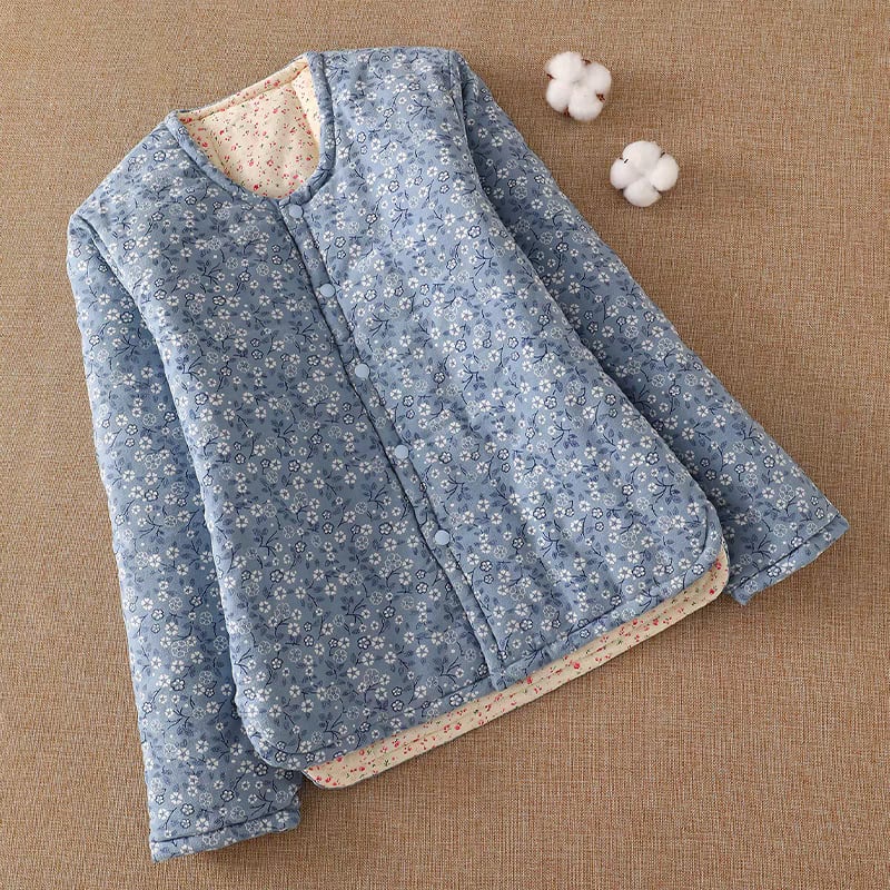 Γυναικείο βαμβακερό καπιτονέ μπουφάν με επένδυση, φλοράλ εθνοτικό μοτίβο, μακριά μανίκια, γιακά τύπου U