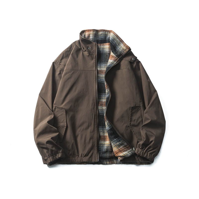 Kétoldalas Harrington kabát kockás mintával, függőleges gallérral, lazán szabott, vastag anyagú