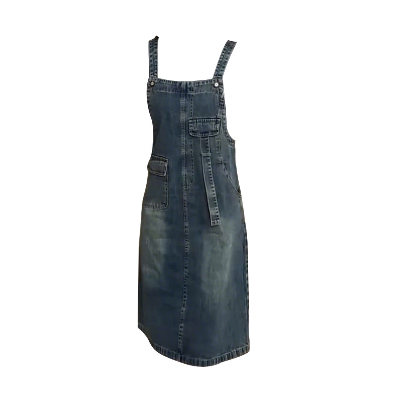 Traper haljina s trakama, srednje duljine, velike džepove, ispran denim, patchwork detalji