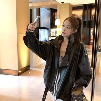 Geacă de piele pentru femei – lungime extra, guler stil rever, mâneci super lungi, croială lejeră, stil urban, lansare toamnă 2024