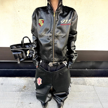 Μπουφάν PU δερμάτινο με κέντημα, vintage στυλ, βαμβακερή επένδυση, φερμουάρ, για άνδρες