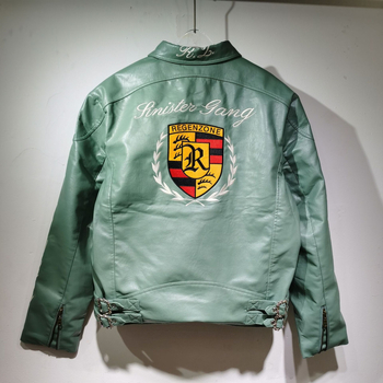 Μπουφάν PU δερμάτινο με κέντημα, vintage στυλ, βαμβακερή επένδυση, φερμουάρ, για άνδρες