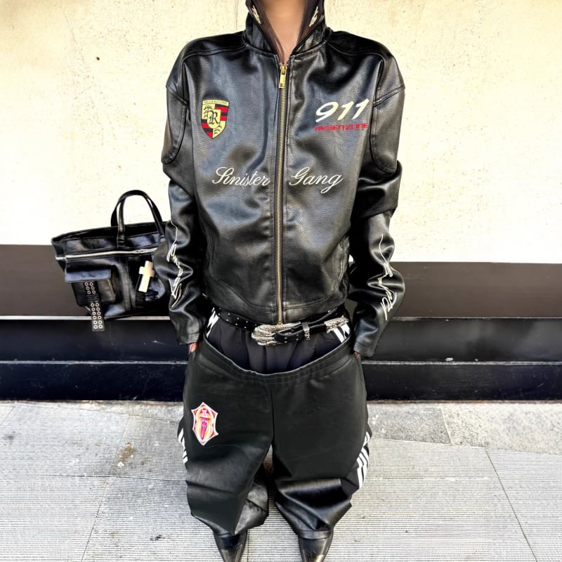 Μπουφάν PU δερμάτινο με κέντημα, vintage στυλ, βαμβακερή επένδυση, φερμουάρ, για άνδρες