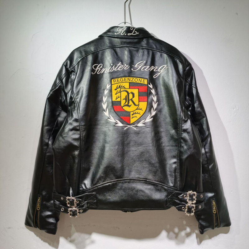 Μπουφάν PU δερμάτινο με κέντημα, vintage στυλ, βαμβακερή επένδυση, φερμουάρ, για άνδρες